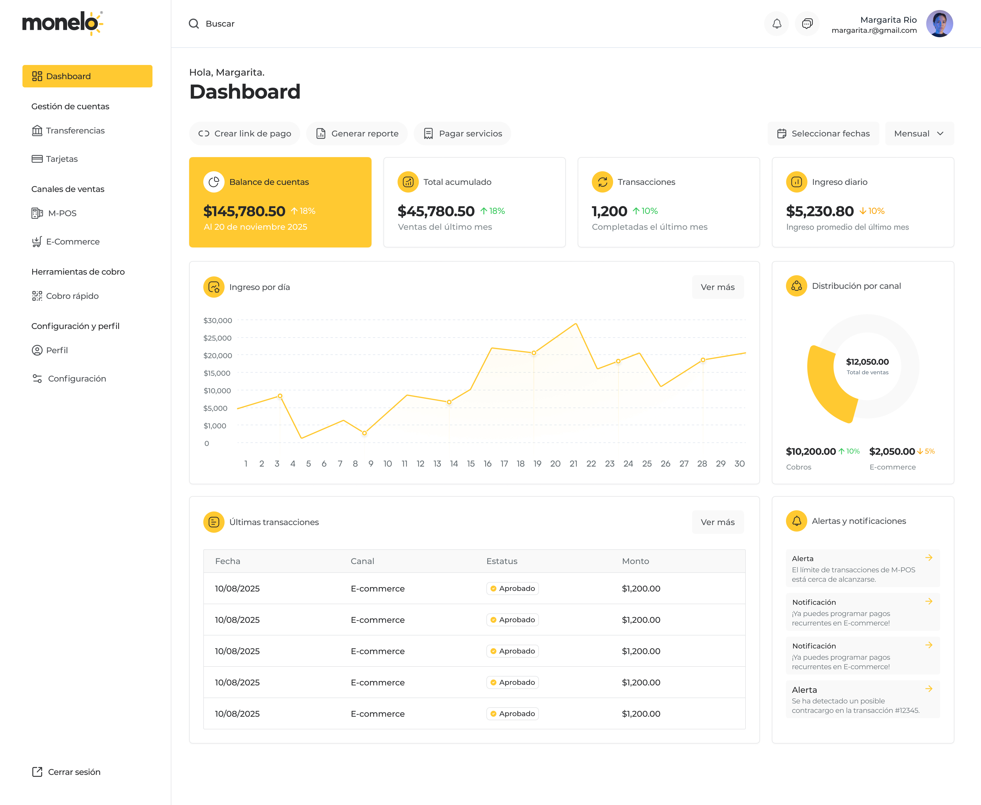 Mockup de un dashboard de Monelo